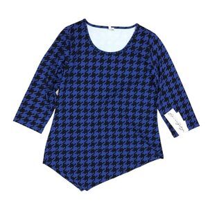NEW Lulu-B UPF 50+ Top Blue Black Houndstooth Print 3/4 Sleeve Asymmetric XS